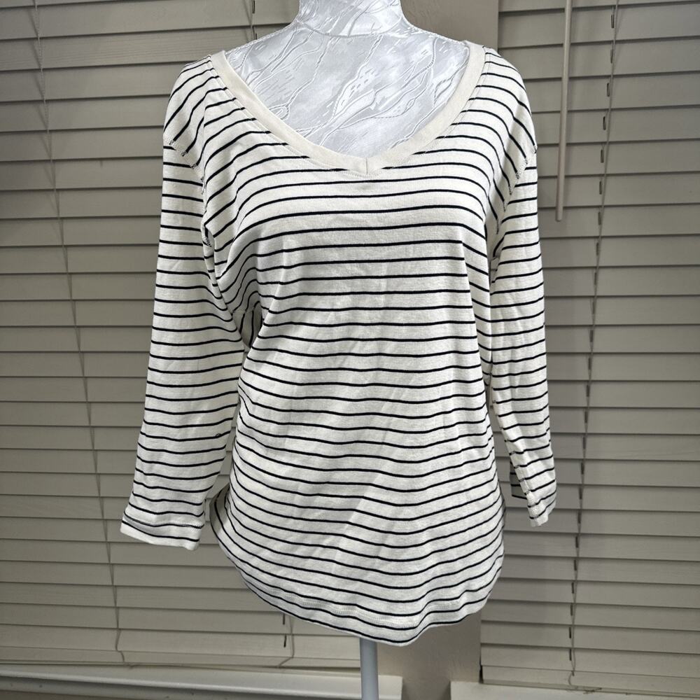 Three Dots V Neck 3/4 Sleeve Tee Shirt Top Womens XL Egret Black Stripe Soft NEW